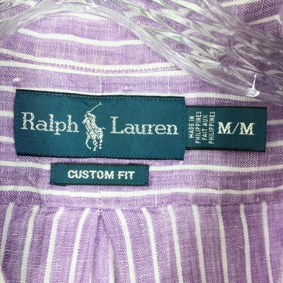 nwot RALPH LAUREN Shirt Dress Tunic M Linen Purple Stripe Logo RawEdge Button-Up - Picture 3 of 9